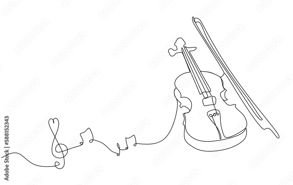 Continuous line drawing of Violin with notes. One line drawing Violin