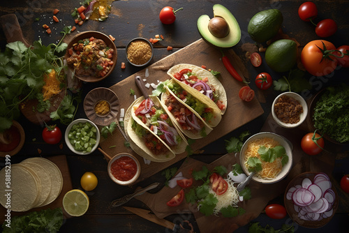 Top view of original Mexican tacos with beef, tomatoes, avocado, chilli and onions isolated on rustic wood background. Concept menus and advertisement. Generative AI