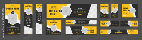 construction web banner bundle, construction site banner, home repair web banner template editable, 
 home maintenance social media banner. excavator banner template bundle