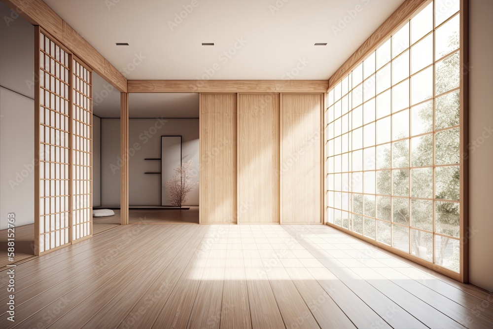 Illustration of an empty room with natural light and wooden floors. Generative AI Illustration of an empty room with natural light and wooden floors. Generative AI