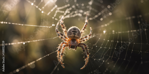 Macro of spider, arachnid on the web in natural environment, generative ai