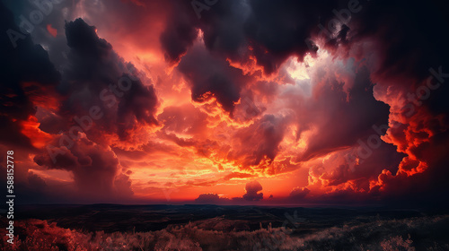 Fiery sunset with orange and pink clouds over a dark landscape