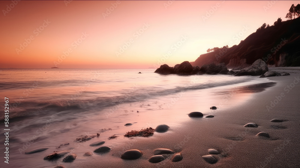 Beach at Dawn with Soft Pink and Orange Hues