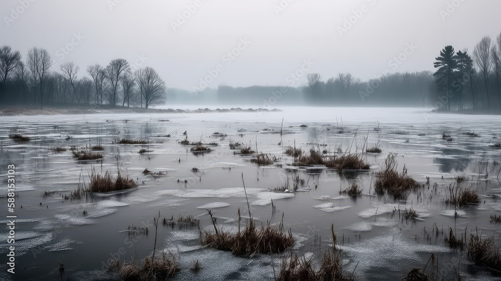 Frozen lakes against misty gray background