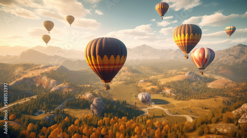 Hot air balloons over a scenic landscape
