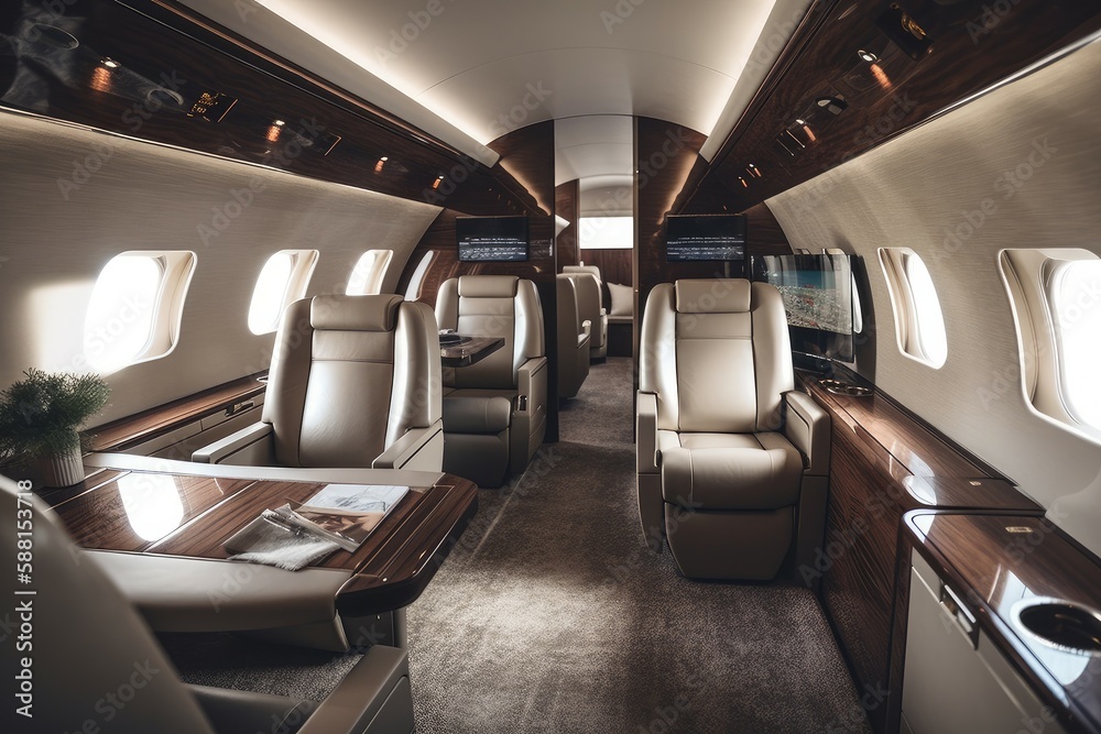 Luxury interior in the modern business jet. Travel concept. AI generated, human enhanced Luxury interior in the modern business jet. Travel concept. AI generated, human enhanced