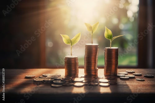Coins with young plant. Money growth concept. AI generated, human enhanced