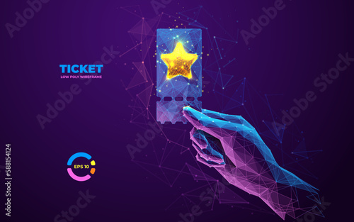 Digital Ticket in hand. Abstract Voucher with golden star. Technology Coupon in hand of person. Futuristic 3d vector illustration in polygons, lines and connected dots. Blue purple futuristic graphics