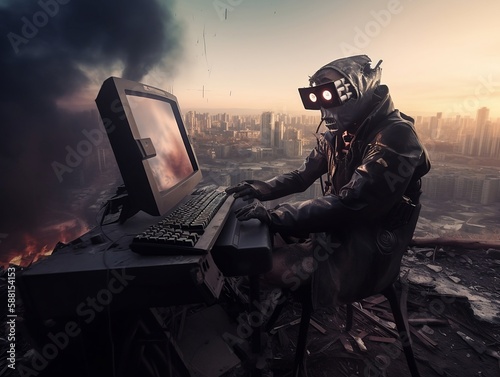 Robot man sits at a computer desk outdoors in a destroyed city.