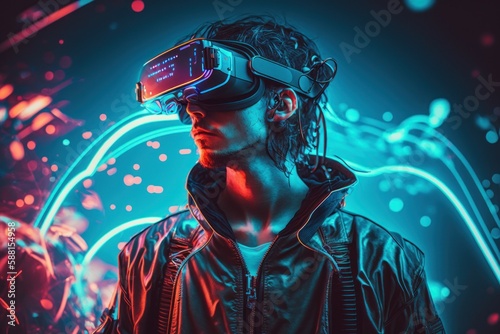 Young man wearing virtual reality glasses. AI generated, human enhanced.