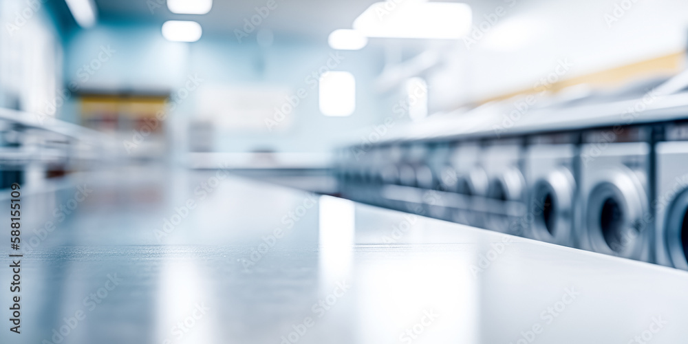 Blurred Row of industrial laundry machines in laundromat.
