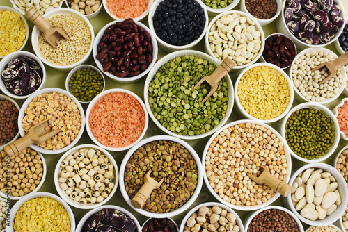 Mix of dry legume varieties: pinto and mung beans, assorted lentils, soyabean, yellow and green peas, chickpea; vegan high protein food for healthy diet 