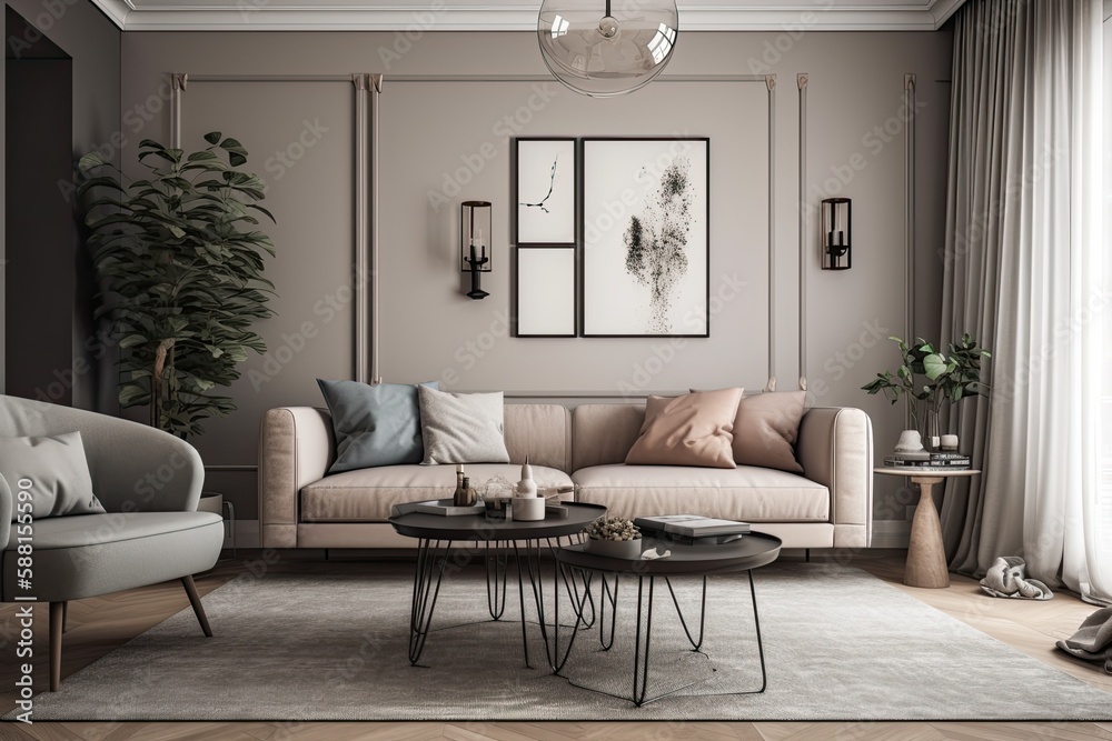modern living room with two comfortable couches and a stylish coffee table. Generative AI modern living room with two comfortable couches and a stylish coffee table. Generative AI