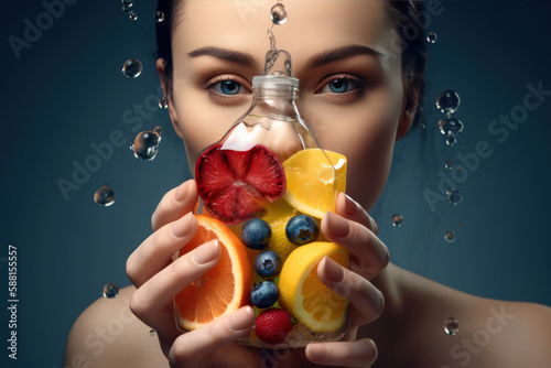 3D illustration model, Beautiful woman keep sliced fruit in Luxury parfume bottle. Girl holding glass parfume bottle. Fruits Serum. iv serum bag. Generative AI