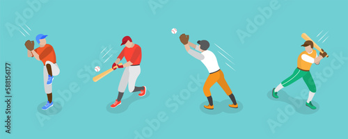 3D Isometric Flat Vector Set of Baseball Players, Various Actions of Player Character