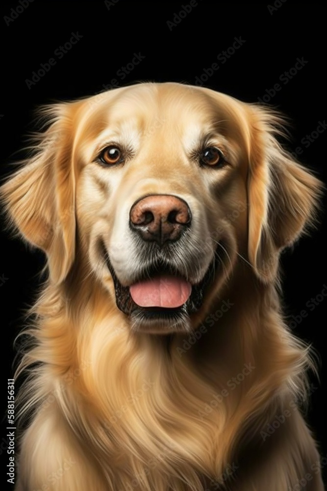 closeup of a golden retriever dog isolated on black color background