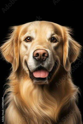 closeup of a golden retriever dog isolated on black color background