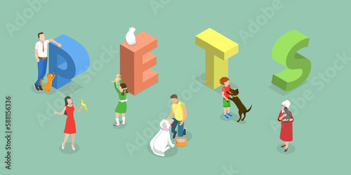 3D Isometric Flat Vector Conceptual Illustration of Pets, Adorable Animals and Their Owners