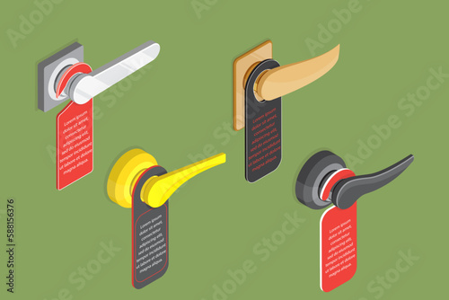 3D Isometric Flat Vector Set of Metal Door Handles, Hanger Mockup