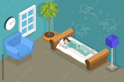 3D Isometric Flat Vector Conceptual Illustration of Sweet Dreams, Tight Healthy Sleeping