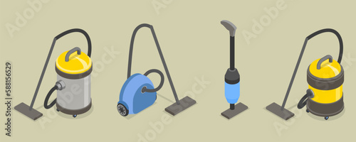 3D Isometric Flat Vector Set of Vacuum Cleaners, Electrical Appliance for Cleaning