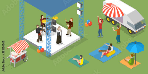 3D Isometric Flat Vector Conceptual Illustration of Outdoor Music Festival, Summer Public Entertainment Party