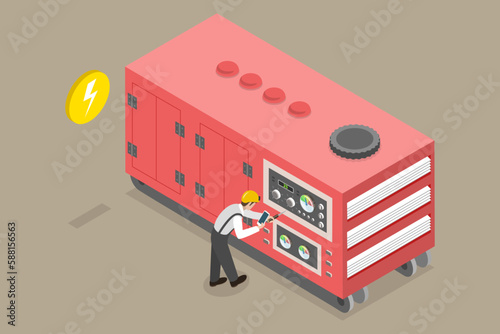 3D Isometric Flat Vector Conceptual Illustration of Stationary Industrial Power Generator, Energy Generating and Backup Equipment