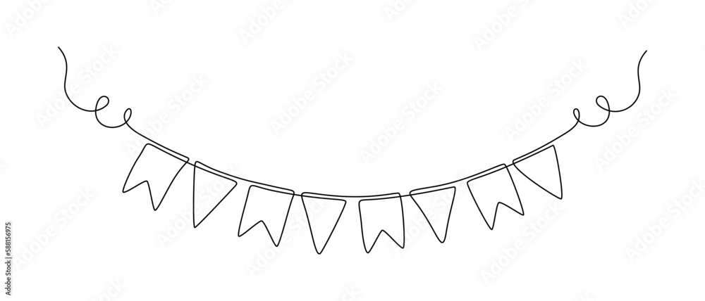 Garland bunting with flags in one continuous line drawing. Birthday and jubilee party decoration in simple linear style. Festoon for celebrate carnival and festivals. Editable stroke. Contour vector - obrazy, fototapety, plakaty 
