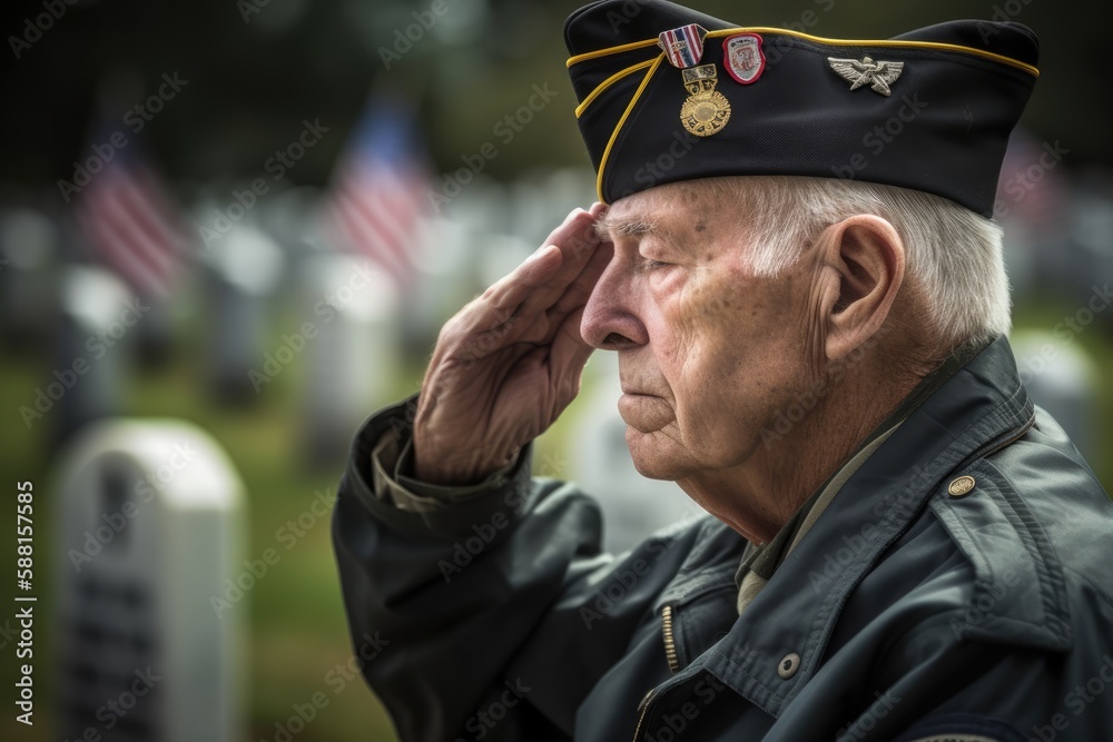 American Senior War Veteran saluting his fallen comrades graves at a cemetery.Generative AI - obrazy, fototapety, plakaty 