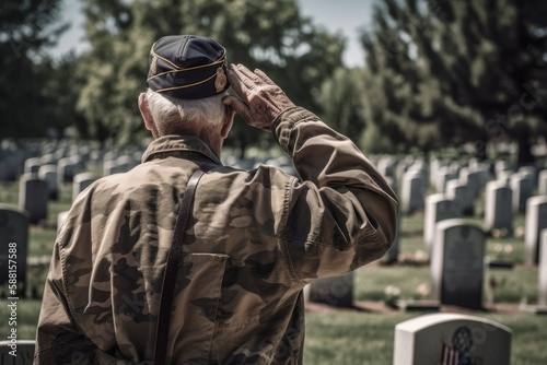 American Senior War Veteran saluting his fallen comrades graves at a cemetery.Generative AI