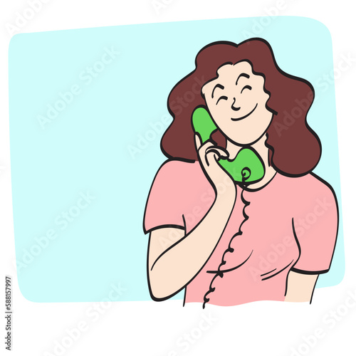 line art woman using retro grren telephone on blank blue space illustration vector hand drawn isolated on white background