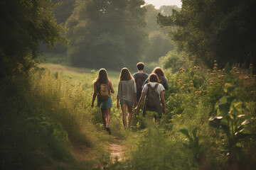 What will nature teach us today. Shot of a group of unrecognisable teenagers walking through nature together at summer camp, created with ai