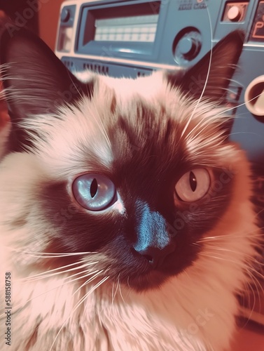 Painting of a blue eyed female cat in front of a retro radio in pale stylized colors.
