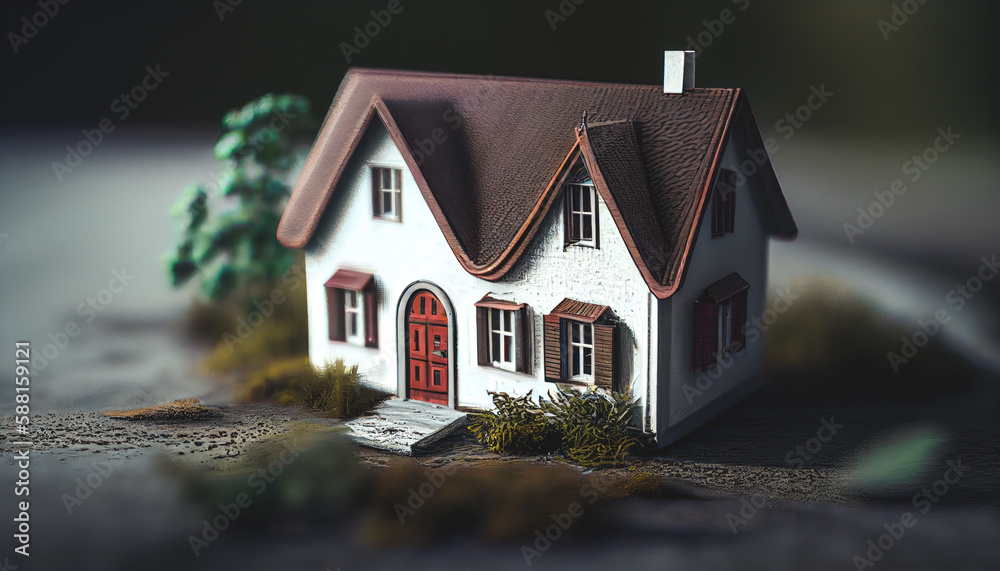 Volumetric project of house. Layout of a house with an open roof. Miniature layout of a cottage top view. Building model