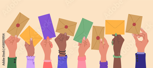 Human hands holding envelopes. Sharing massages, send and receive information. Communication concept. Hand drawn vector vector illustration isolated on light background, flat cartoon style.
