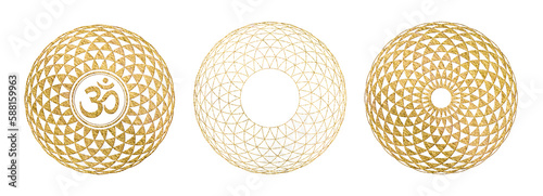 golden torus yantra or lotus flower in three variations, with and without aum / om / ohm symbol - isolated yoga, meditation, or sacred geometry design element with gold texture photo
