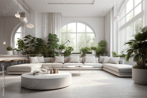 modern living room with white furniture and decor. Generative AI