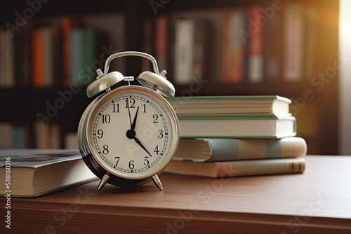 Alarm clock and books, on a table. AI generative image.