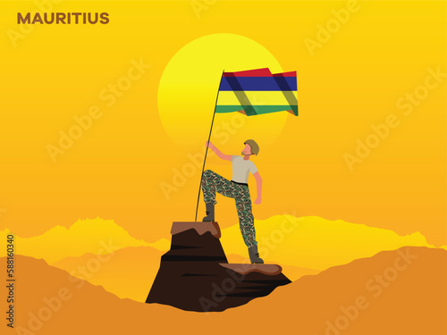 MAURITIUS Soldier on top of the mountain with the MAURITIUSflag. illustration of MAURITIUS Army soilder holding flag of MAURITIUS Happy Republic Day
 photo