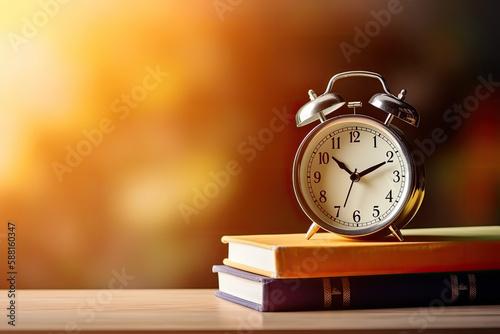 alarm clock and book, copyspace. AI generative image.