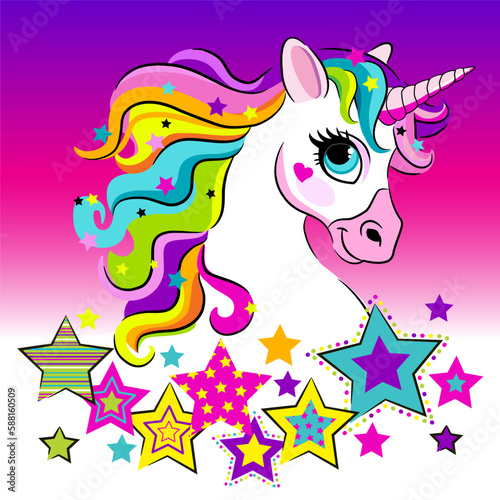 Abstract drawing for t-shirts. Cartoon colorful cute unicorn for girl kids design. Fashion illustration drawing in modern style for clothes. Girlish print