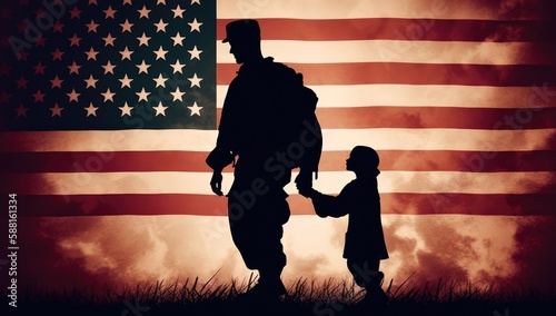 Silhouette of a US soldier walking with a child on a US flag background