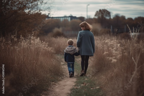Mother walking with her son in a field from behind. Generative AI