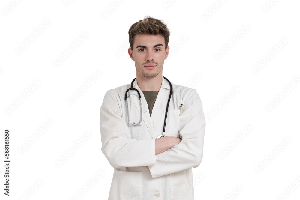 Young caucasian male doctor looking at camera, isolated over white background. Young caucasian male doctor looking at camera, isolated over white background.