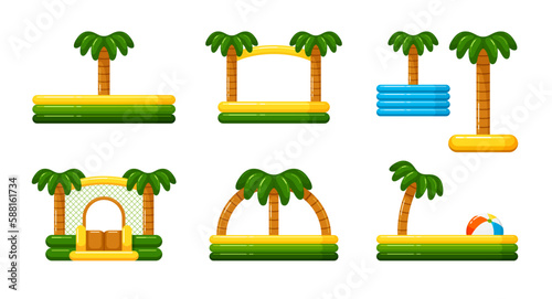 Inflatable pools and bouncy castle. Summer park icons with paddling pool for swim, float palm tree, trampoline house, fountain, beach ball and inflatable ice cooler bucket, vector cartoon illustration