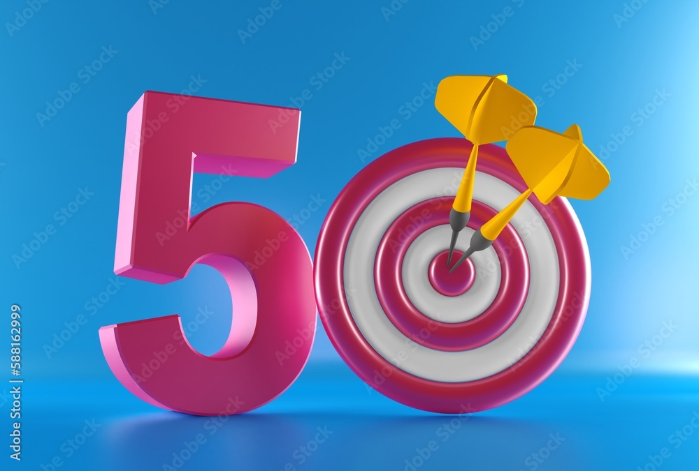 50 Number Text with small dartboard on white background. 50 number 3d ...