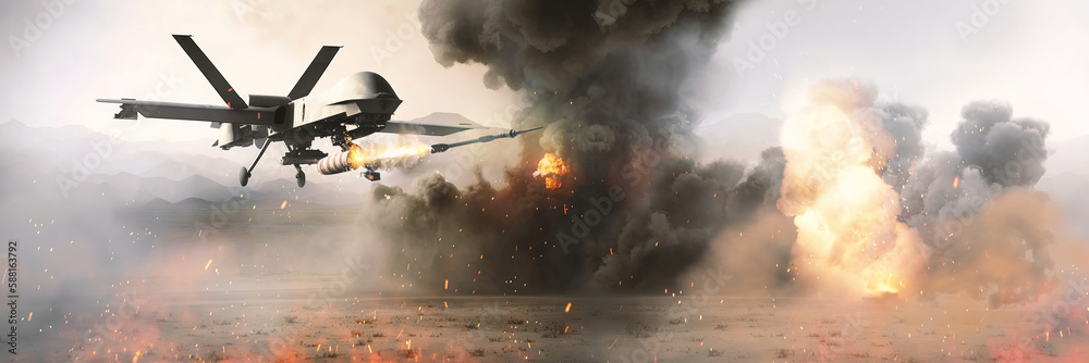 Generic Unmanned aerial vehicle drone launching missiles to military target - Generative AI Generic Unmanned aerial vehicle drone launching missiles to military target - Generative AI