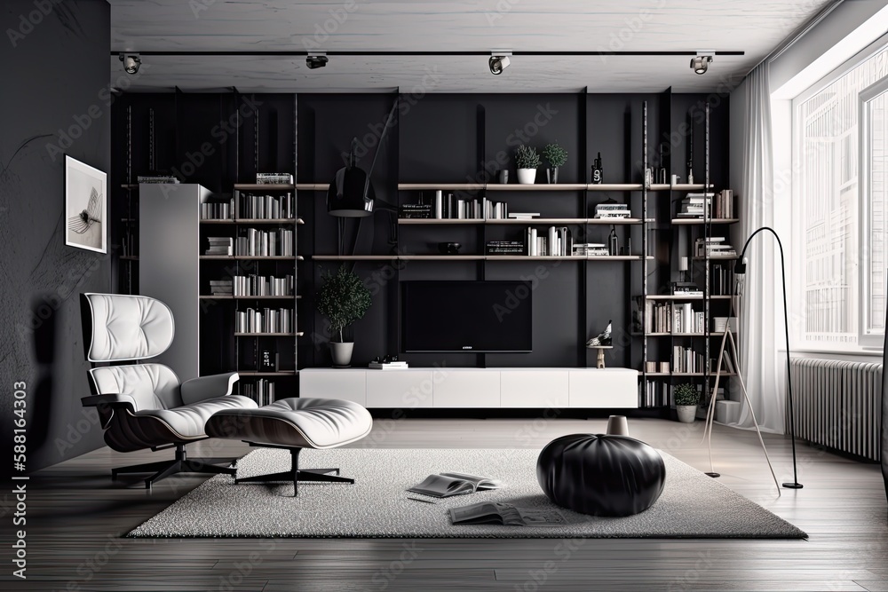 spacious black and white living room with a floor-to-ceiling bookshelf ...