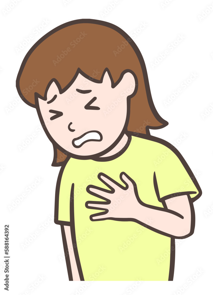 胸が痛くて手で抑える女性 胸が痛くて手で抑える女性