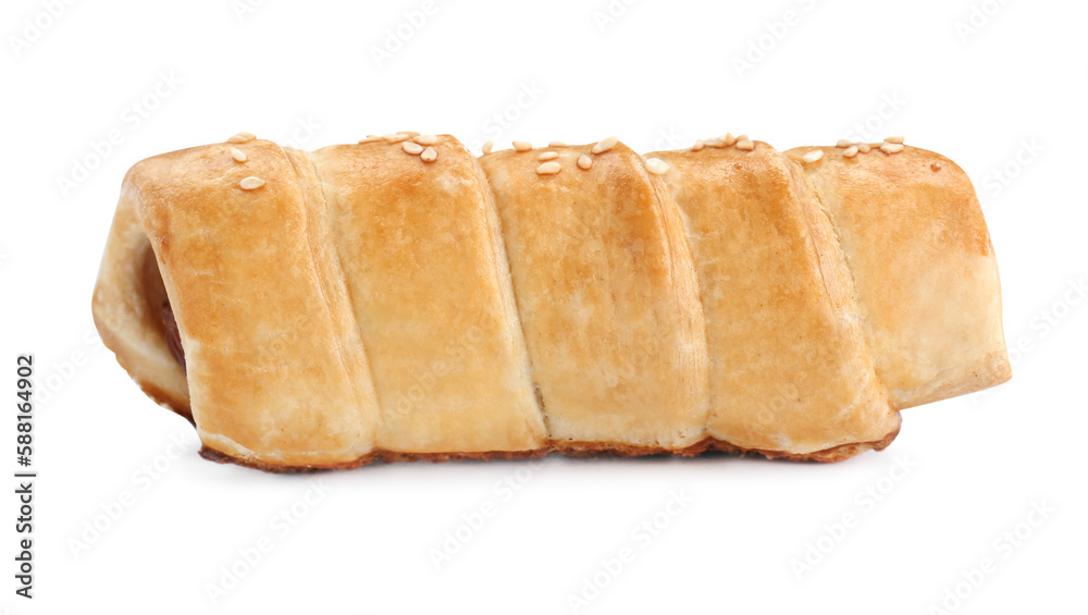 One delicious sausage roll isolated on white One delicious sausage roll isolated on white